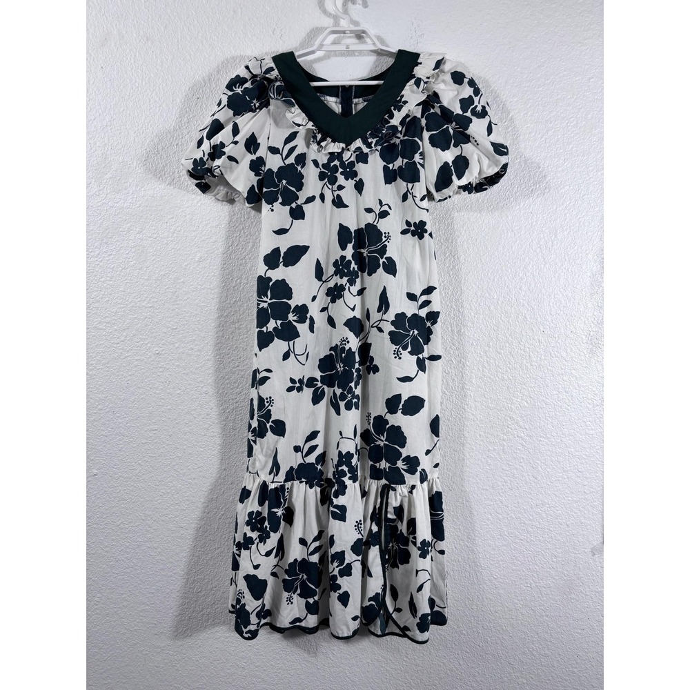 Vintage Kolemani Hawaii Dress Womens Medium White Floral Puff Sleeve Maxi